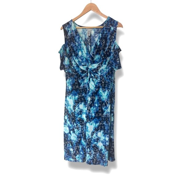 Catherines Blue Print Cold Shoulder Twist Knot Midi Dress Size 5X 34/36W Plus Sz - Picture 7 of 8